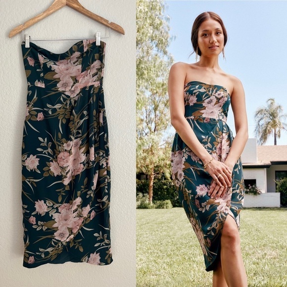 Lulu's Floral Strapless Midi Dress - Dark Green and Pink - Picture 1 of 7